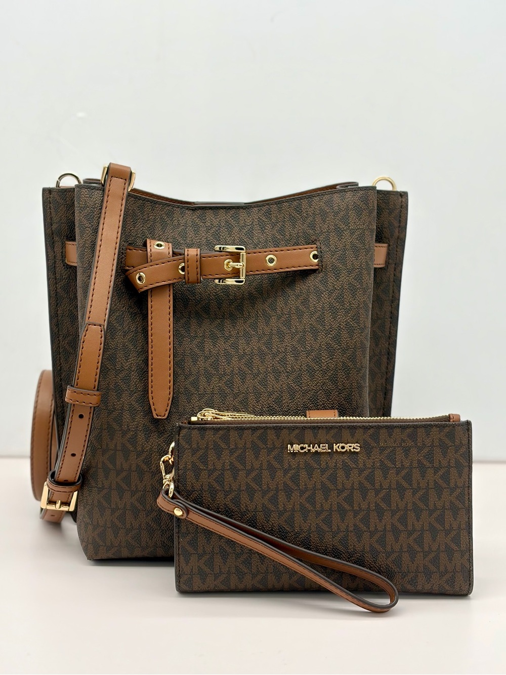 Michael Kors Brown MK Logo Bucket Bag with Matching Wristlet